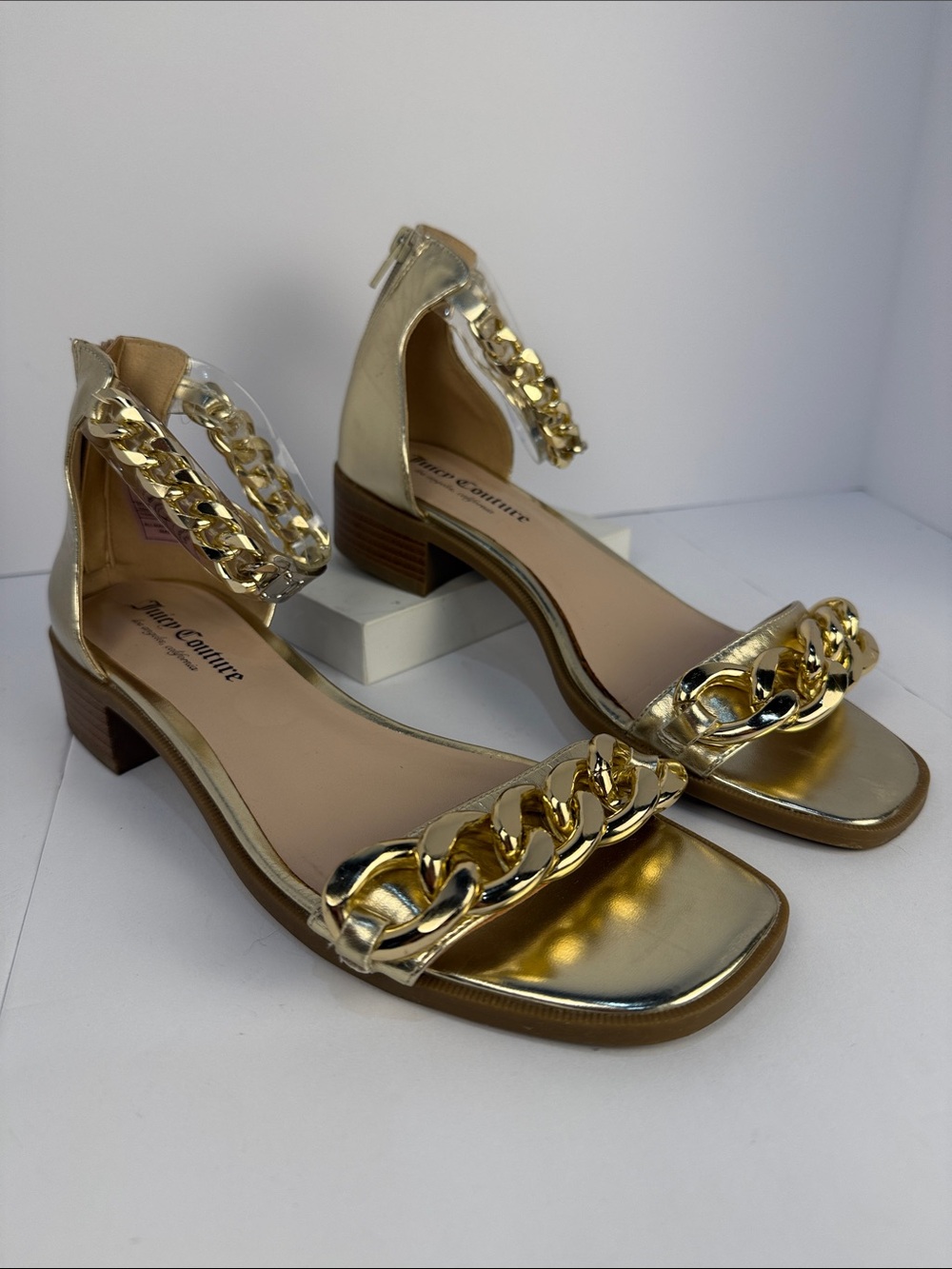 Juicy Couture Metallic Gold Chain-Trim Block Heel Sandals